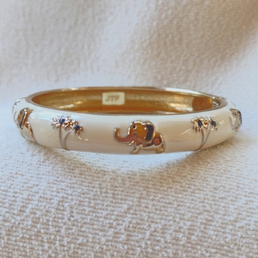 Vintage JTF Cream with Gold Enamel Clamper Bangle Bracelet